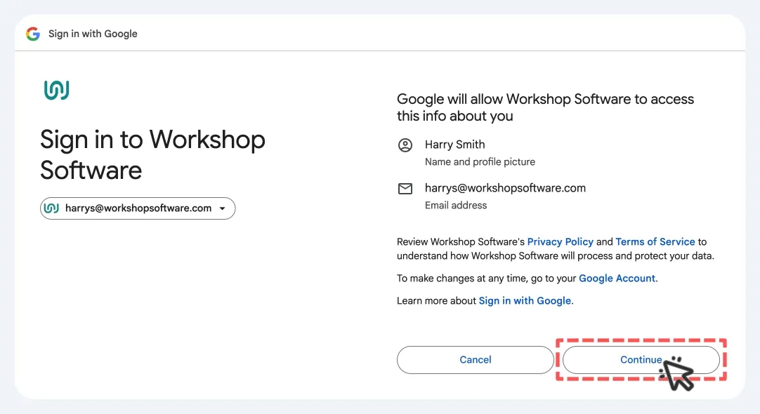 A screenshot of the confirmation card for Sign in with Google, the continue button is highlighted.