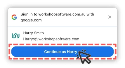 A screenshot of the Sign in with Google.com pop up, the Continue button is highlighted.
