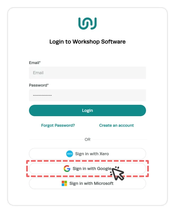 A screenshot of Workshop Software’s Log In page, the Sign in with Google Account button is highlighted