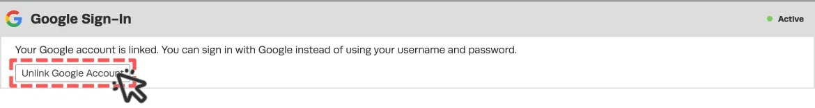 A cropped screenshot of the Google Sign-In card. The Unlink Google Account button is highlighted.