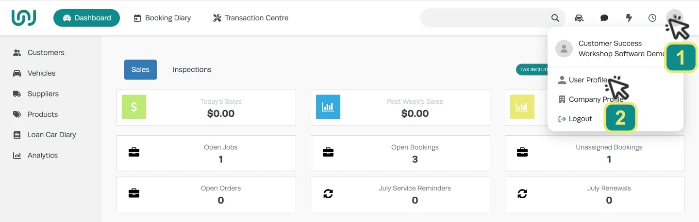 A screenshot of Workshop Software’s Dashboard with the User drop down menu open. Numbered Cursors indicate to click the User Icon then User Profile.