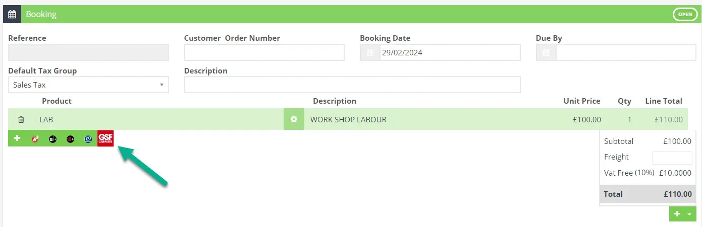 A screenshot of a Booking in Workshop Software. An arrow points at the GST integration icon.