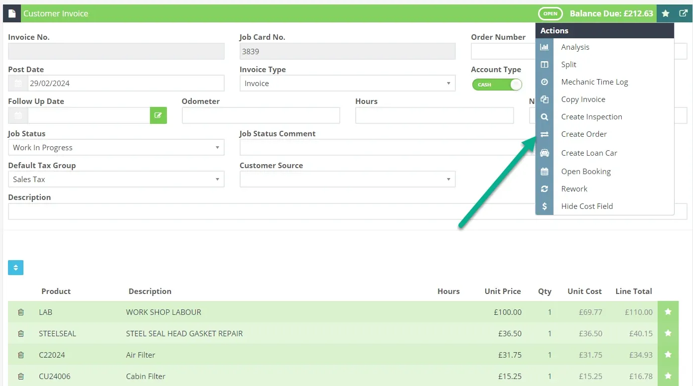 A screenshot of a Workshop Software Customer Invoice. An arrow points at the “Create Order” option the the Star Icon drop down menu.