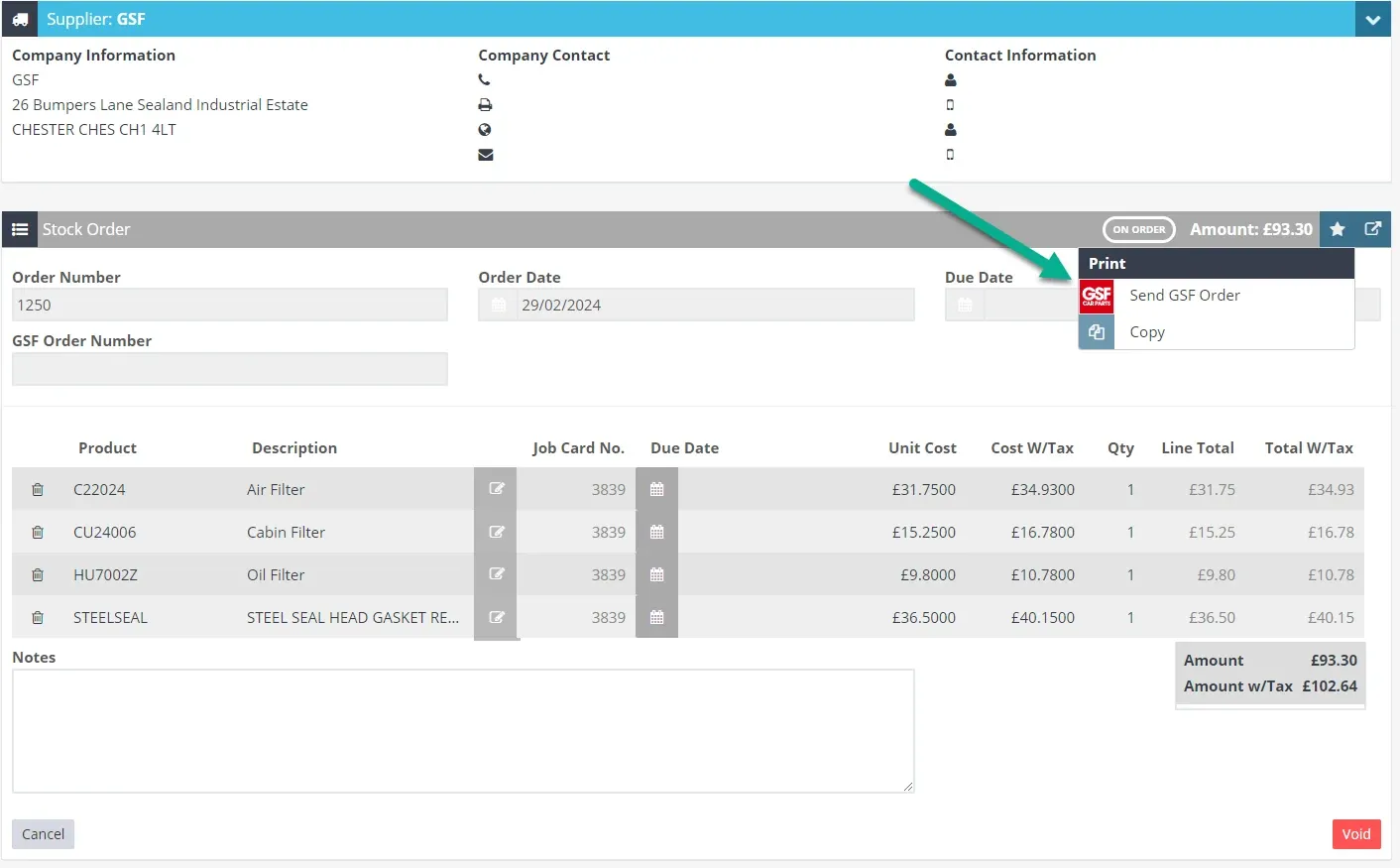 A screenshot of a Stock Order in Workshop Software. An arrow points at the Star icon drop down menu’s “Send GSF Order” option