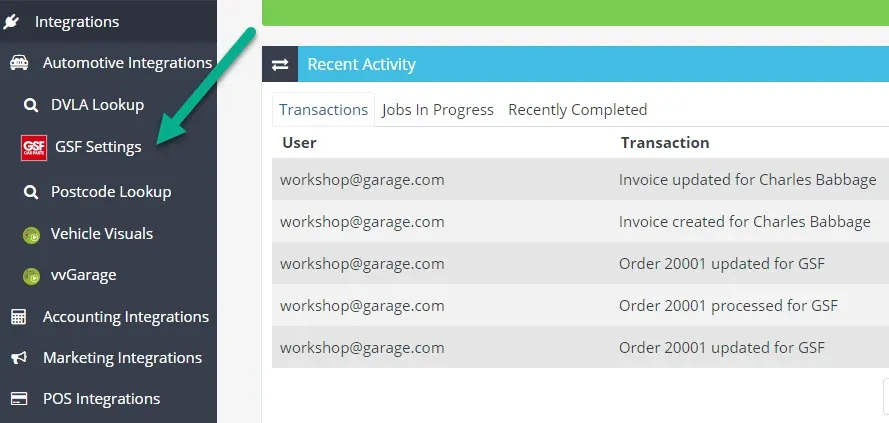 A screenshot of Workshop Software’s Dashboard. An arrow highlights the GSF Settings option nested in Integrations > Automotive Integrations.