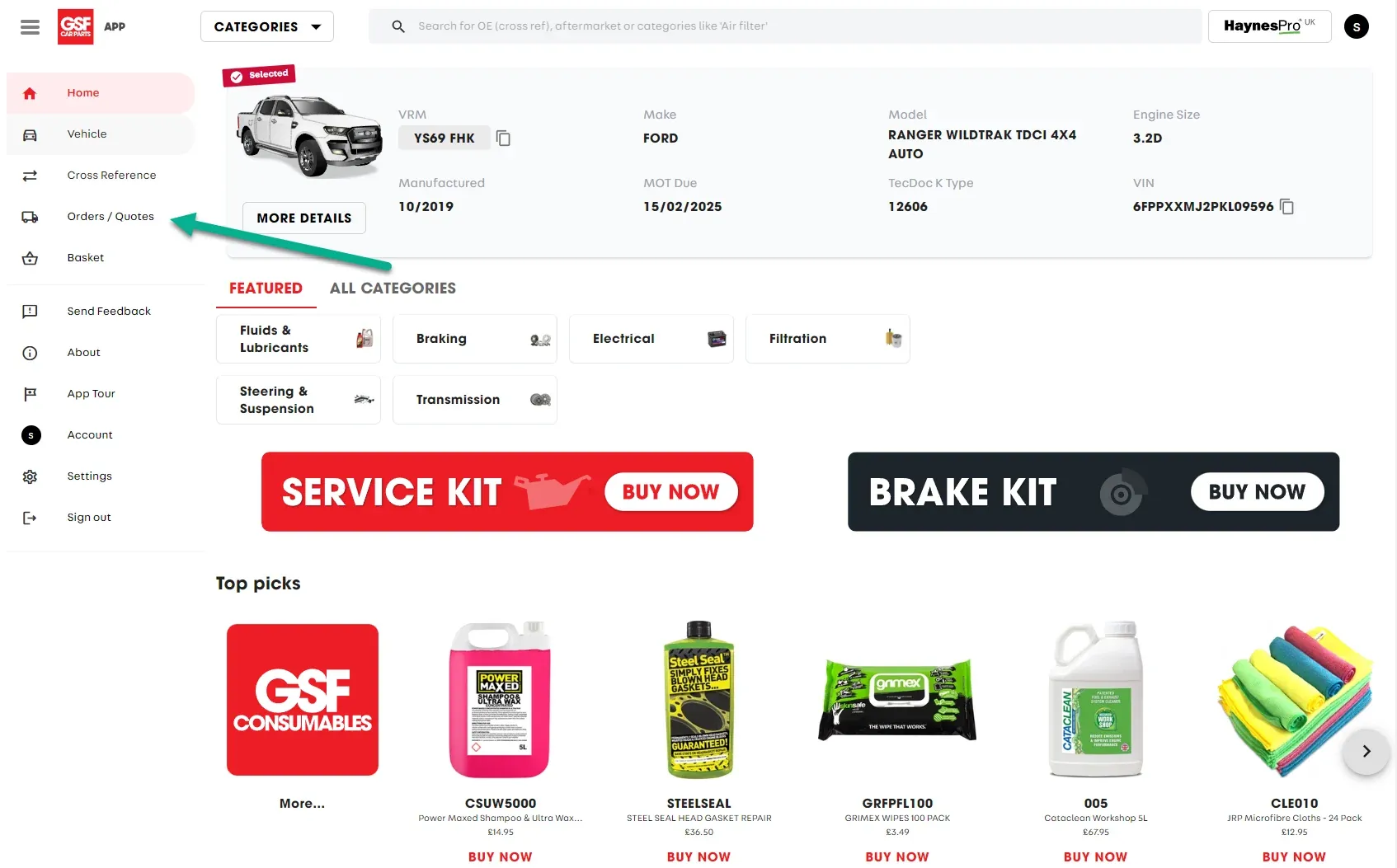 A screenshot of GSF’s website, an arrow points to the Orders/Quotes link on the left.