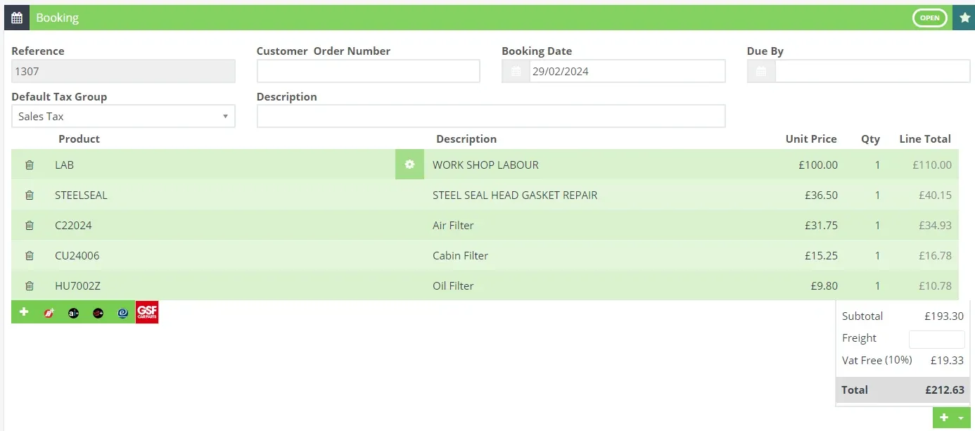A screenshot of a Workshop Software Booking. The Product list shows additional products brought in from GSF.