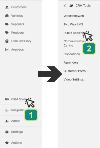 A screenshot of Workshop Software’s left hand sidebar menu, cursors indicate to click CRM Tools then Public Booking.