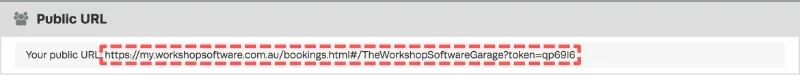 A screenshot of Workshop Software’s Public Booking URL. The URL is highlighted by a red box.