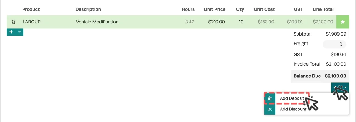 A cropped screenshot of an Invoice. The Deposit and Discount drop down is open and the Add Deposit option is highlighted.