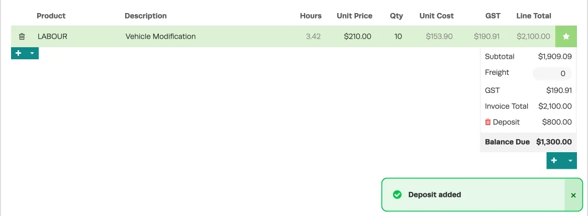 A cropped screenshot of an invoice, a deposit for $800 is attached and the Deposit added message is visible.