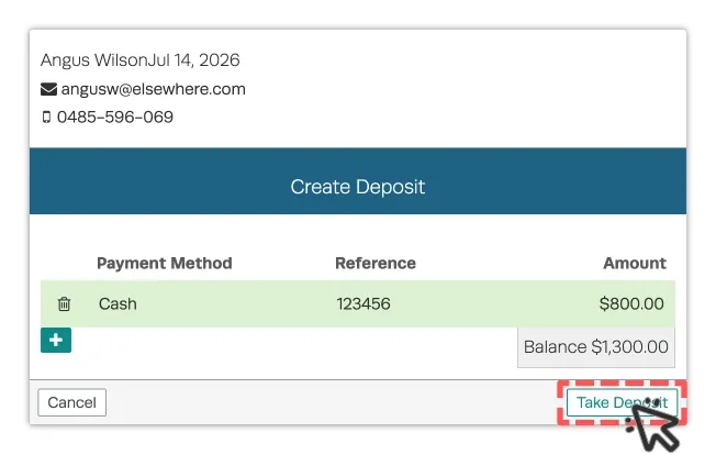 A screenshot of the Create Deposit Pop Up. The Take Order button is highlighted.