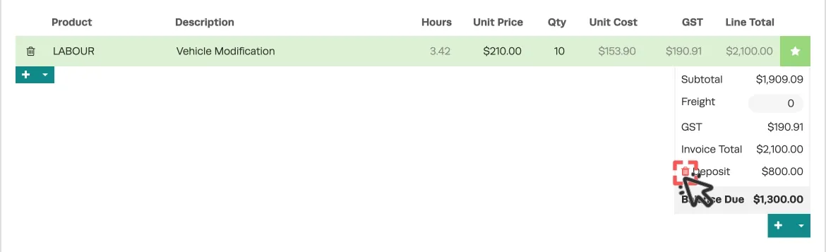 A cropped screenshot of an Invoice, as deposit of $800 is attached and a cursor highlights the red Bin icon used to refund a deposit.