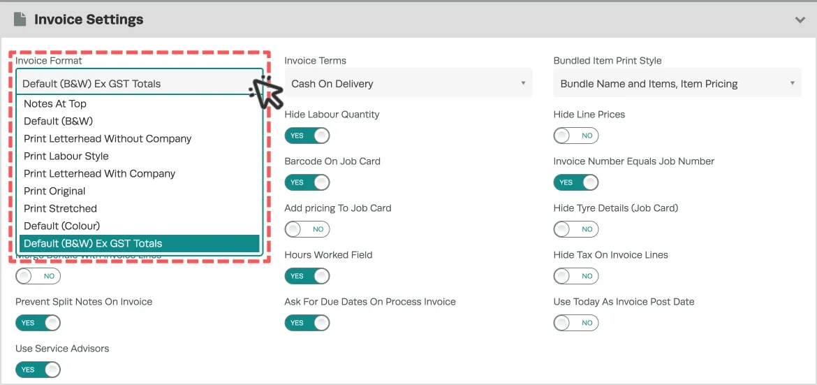 A screenshot of the Invoice Settings, the Invoice Format drop down menu is highlighted.