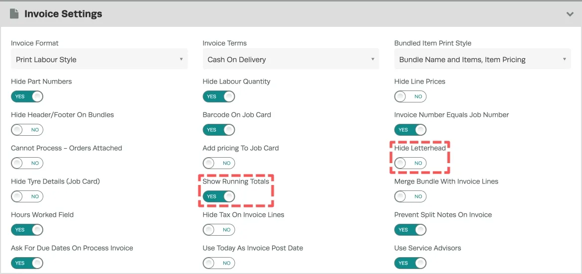 A screenshot of the settings available for the Print Labour Style Invoice Format.