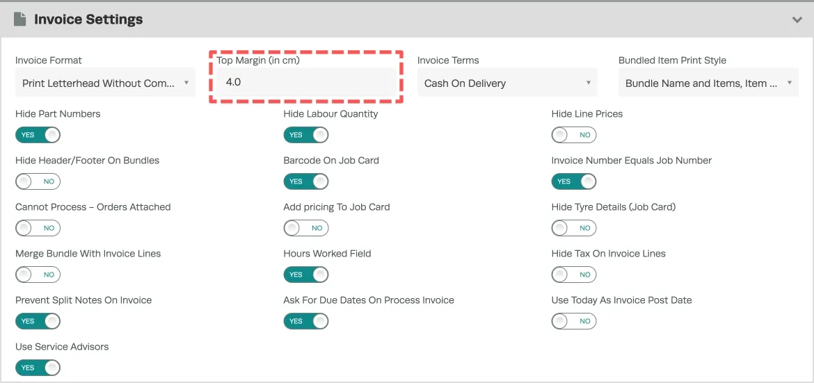A screenshot of the settings for the Letterhead Invoice Formats.
