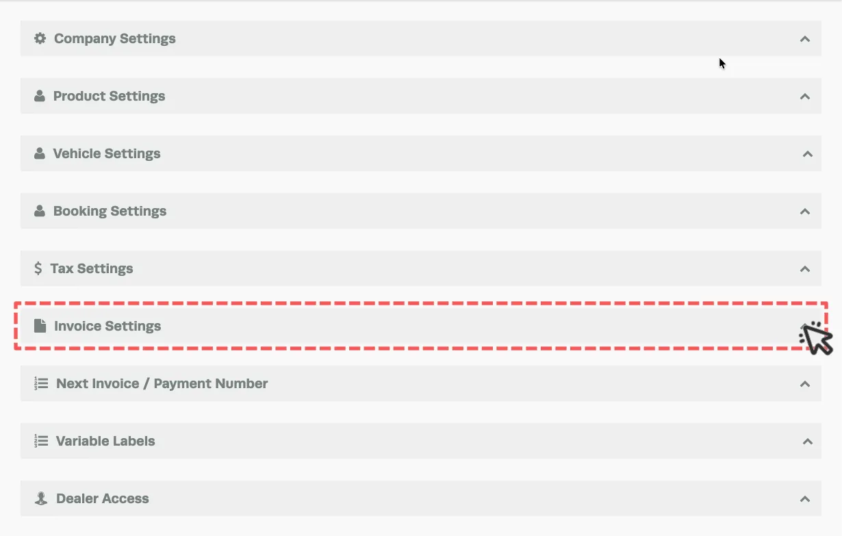 A screenshot of the Company Settings page. The Invoice Settings header is highlighted and a cursor indicates a click on the arrow.