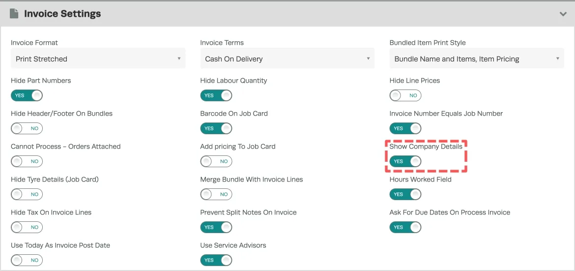 A screenshot of the settings available for a Stretched invoice format.