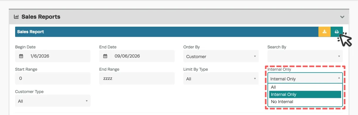 A screenshot of the Internal Only drop down menu in a Sales Report.