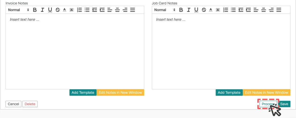 A cropped screenshot of a Workshop Software Invoice showing the location of the Process button