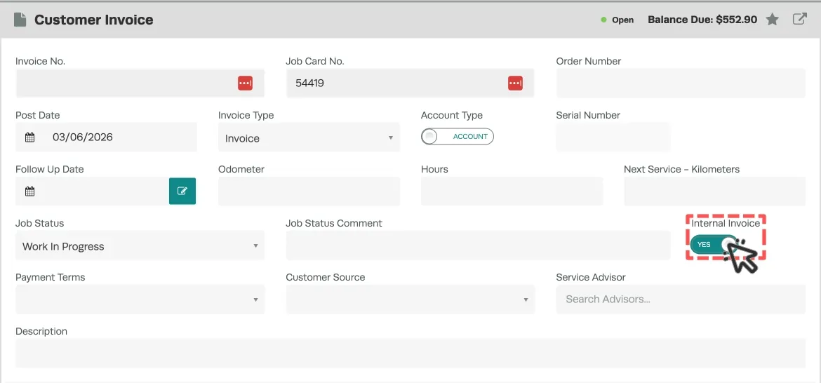 A screenshot of a Customer Invoice indicating the Internal Invoice Toggle