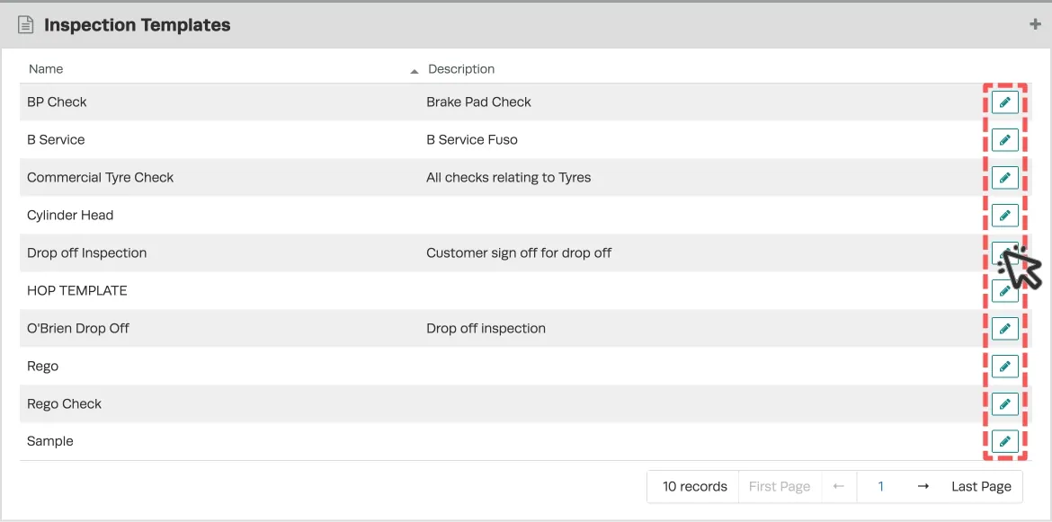 A screenshot of a list of Inspection Templates in Workshop Software. A red box highlights the pencil icons on the right hand side.