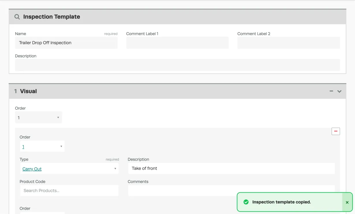A screenshot of the Inspection Template page in Workshop Software. A green banner in the bottom right indicates that the Inspection Template was copied.