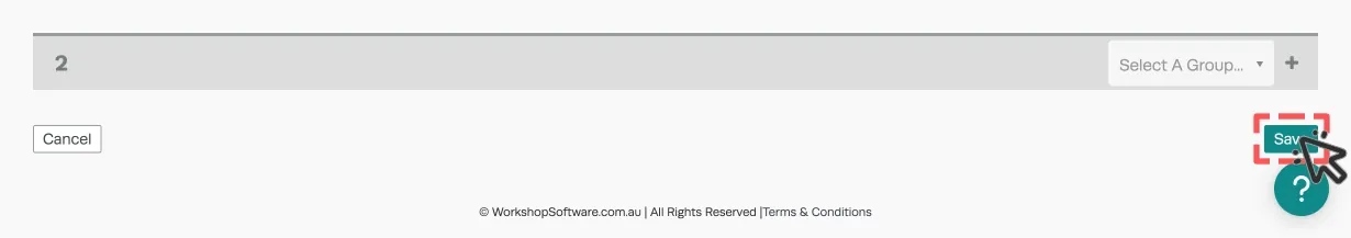 A screenshot of Workshop Software’s Inspection Template page, scrolled down to reveal the Save button on the bottom right. The save button is highlighted with a red box.