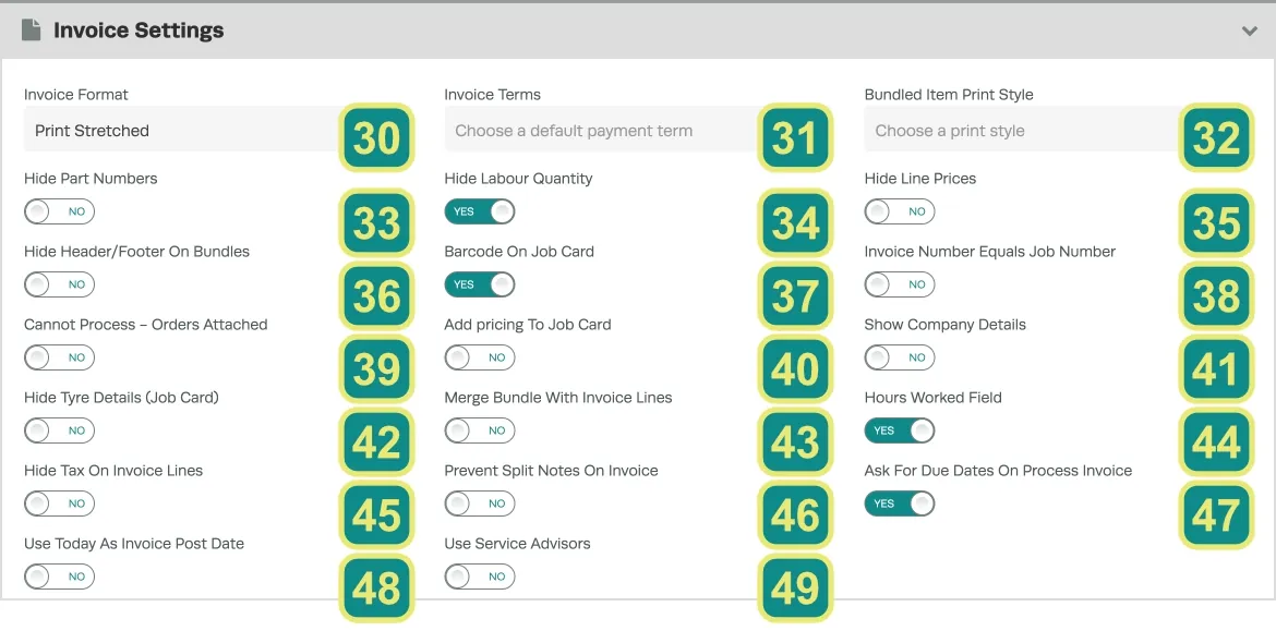 A numbered screenshot of the Invoice Settings card.