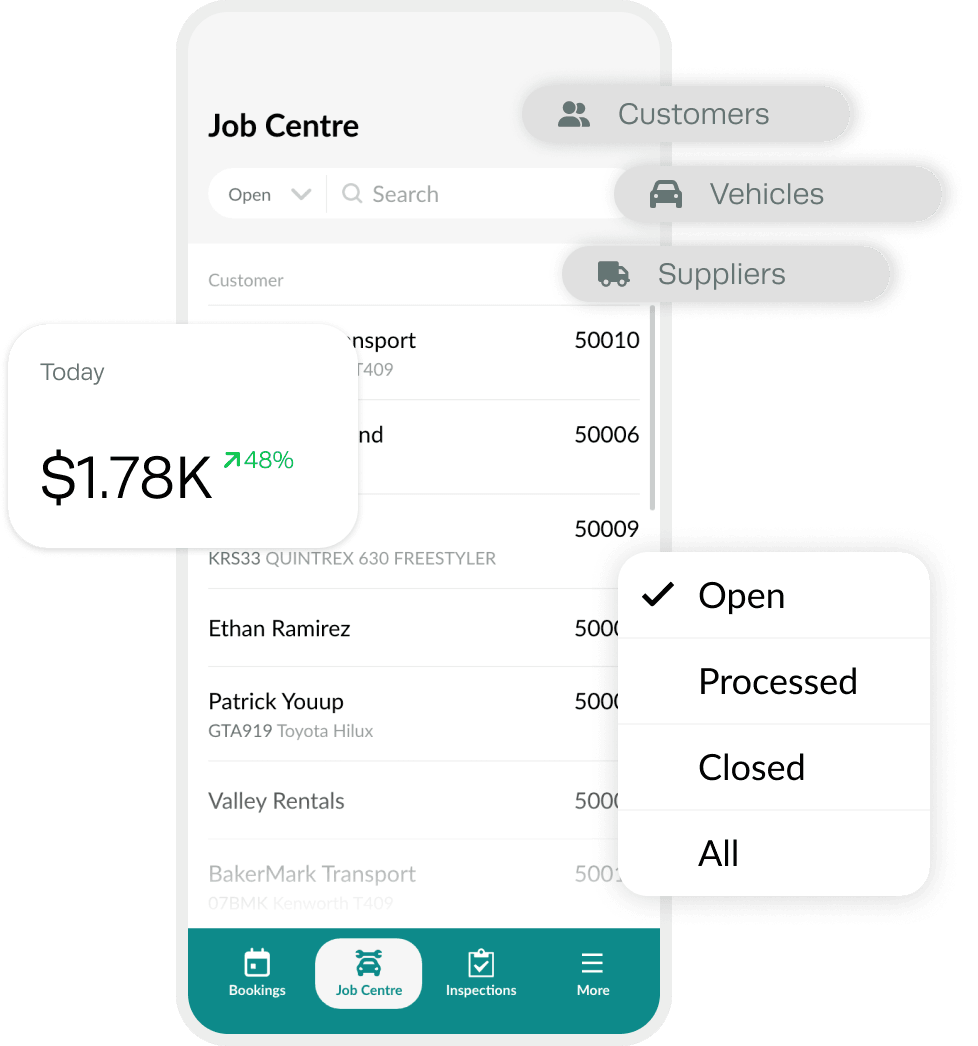 Workshop Software Job Centre interface showing list of active vehicle repair jobs