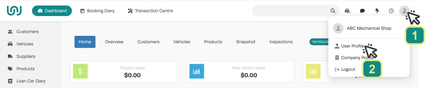 A screenshot of Workshop Software’s Dashboard. Numbered cursors indicate to click the User icon then User Profile.