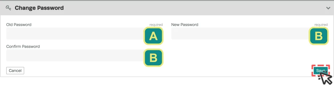 A screenshot of the Change Password card in the User Profile. Letters indicate each field and a cursor indicates to click the Save button