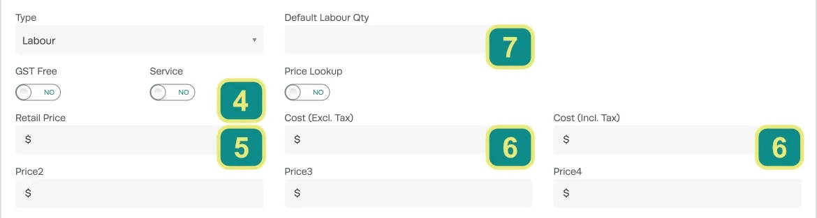 A cropped screenshot of a Product, the Service toggle, Retail Price, Cost and Default Labour Qty fields are numbered.
