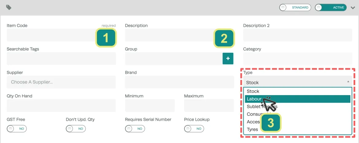 A screenshot of a product, Numbers highlight the Item Code and Description field and the Type field drop down is open and set to Labour.
