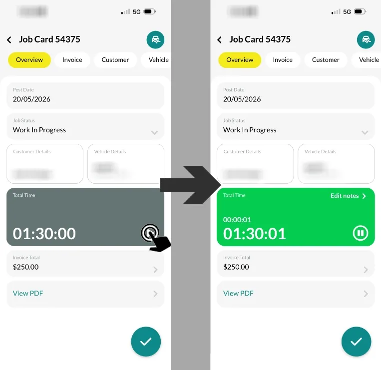 An image showing two screenshots of a Job Card’s overview in Workshop Software’s mobile app. A finger cursor indicates clicking the “Play” button in the time box on the left hand screenshot. An arrow shows that this results in the box turning green and the Mechanic’s time count begins to increase, the Mechanic has clocked on.