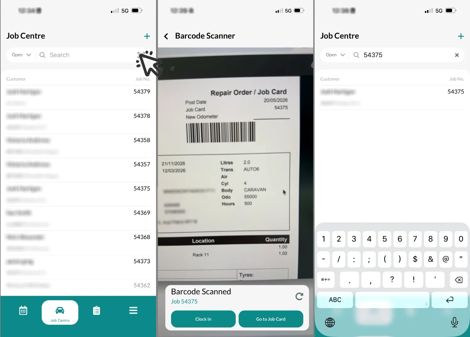 Three screenshots of Workshop Software’s Mobile App Job Centre. They show the list of Jobs inside the Job Centre and the ability to search for a job by its job code or by scanning a barcode using the barcode scanner icon on the right hand side of the search field.