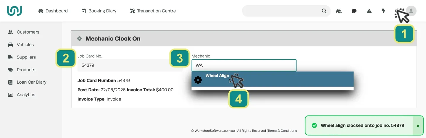 A screenshot of the Mechanic Clock On screen inside Workshop Software. Numbered boxes indicate that the user accesses the screen by clicking the Clock icon on the top right hand corner. They then clock on or off a job by entering the Job Card number, searching for and choosing a mechanic from the appropriate text fields.