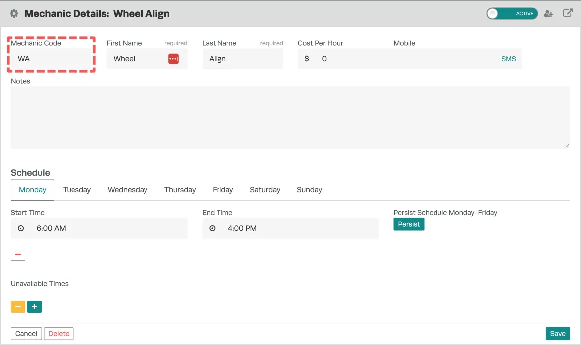 A cropped screenshot of a Mechanic Details page in Workshop Software. The Mechanic Code field is highlighted with a red box.