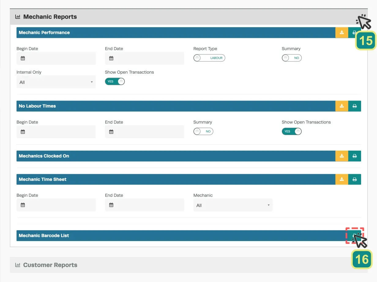 A cropped screenshot of Workshop Software’s Business Reports Page. Numbered boxes highlight clicking the right hand side arrow on the Mechanic Reports banner to open this section and to click the printer icon the right hand side of the Mechanic Barcode List report.