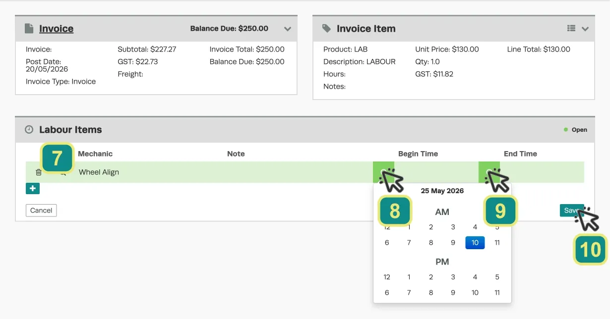 A cropped Screenshot of the Mechanic Time page for a Labour item in Workshop Software. Numbered boxes indicate to choose a Mechanic, the Begin Time and End Time of Clocked On period and the use the right hand Save button to save the entry.