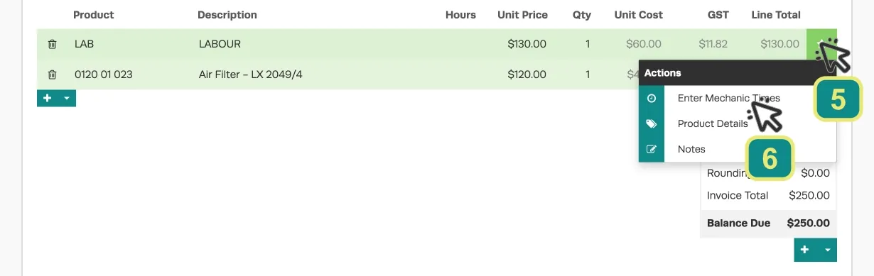 A cropped screenshot of the list of Products inside a Workshop Software Invoice. Numbered boxes indicate to click the right hand Star icon next to a labour product and then to choose “Enter Mechanic Times” in the drop down menu.