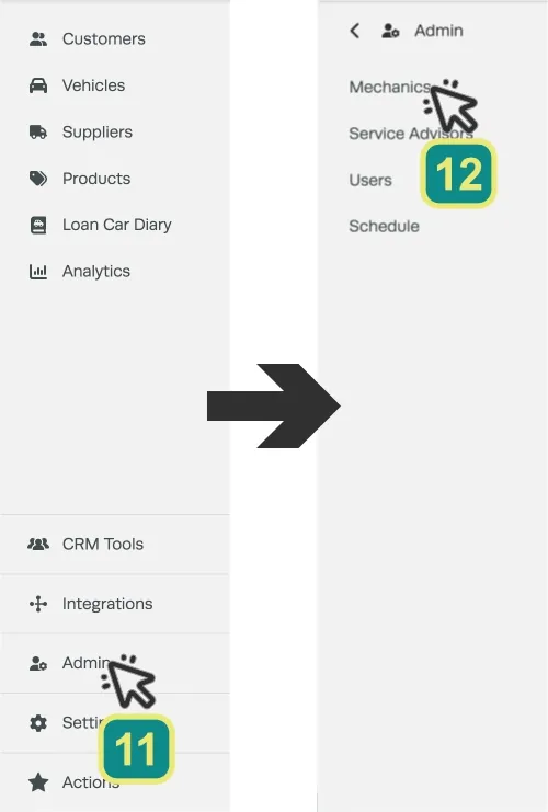 Two cropped screenshots of the left hand sidebar menu in Workshop Software. Numbered boxes indicate to click Admin and then Mechanics in the menu.