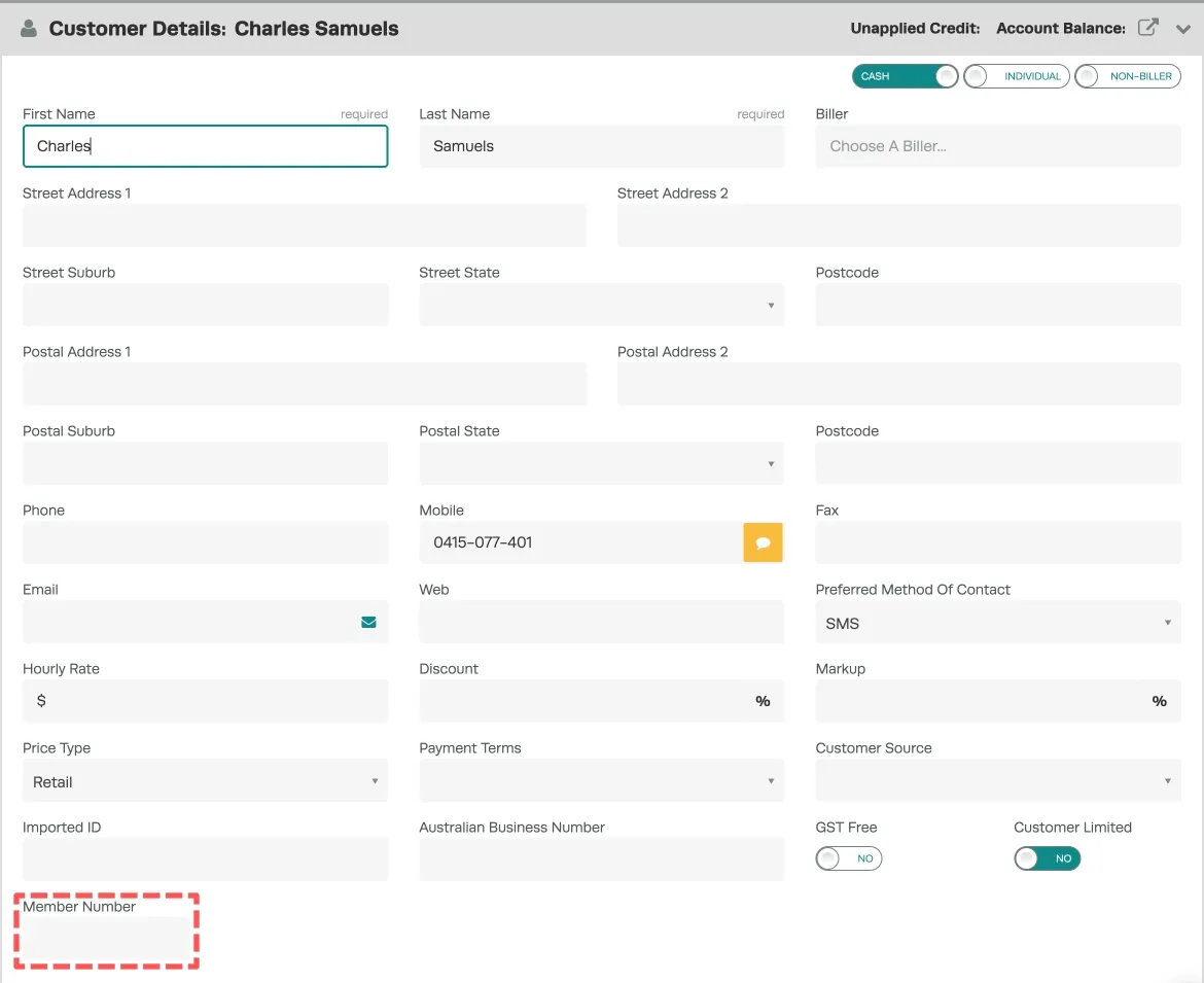 A screenshot of a Customer Details page, the Member Numbers field is Highlighted.