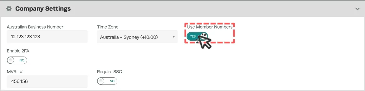 A screenshot of the Company Settings page, the Use Member Numbers field is highlighted.