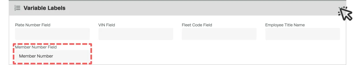 A screenshot of the Variable Labels header in Customer Settings, a cursor indicates a click to open it with the arrow and the Member Number Field is highlighted.