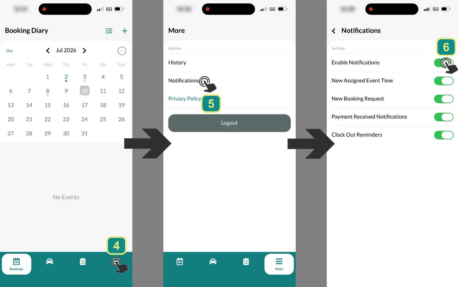 Screenshots from the Workshop Software Mobile App. Tap icons indicate to select the three bar More icon, choose notifications and then the Enable Notifications toggle.