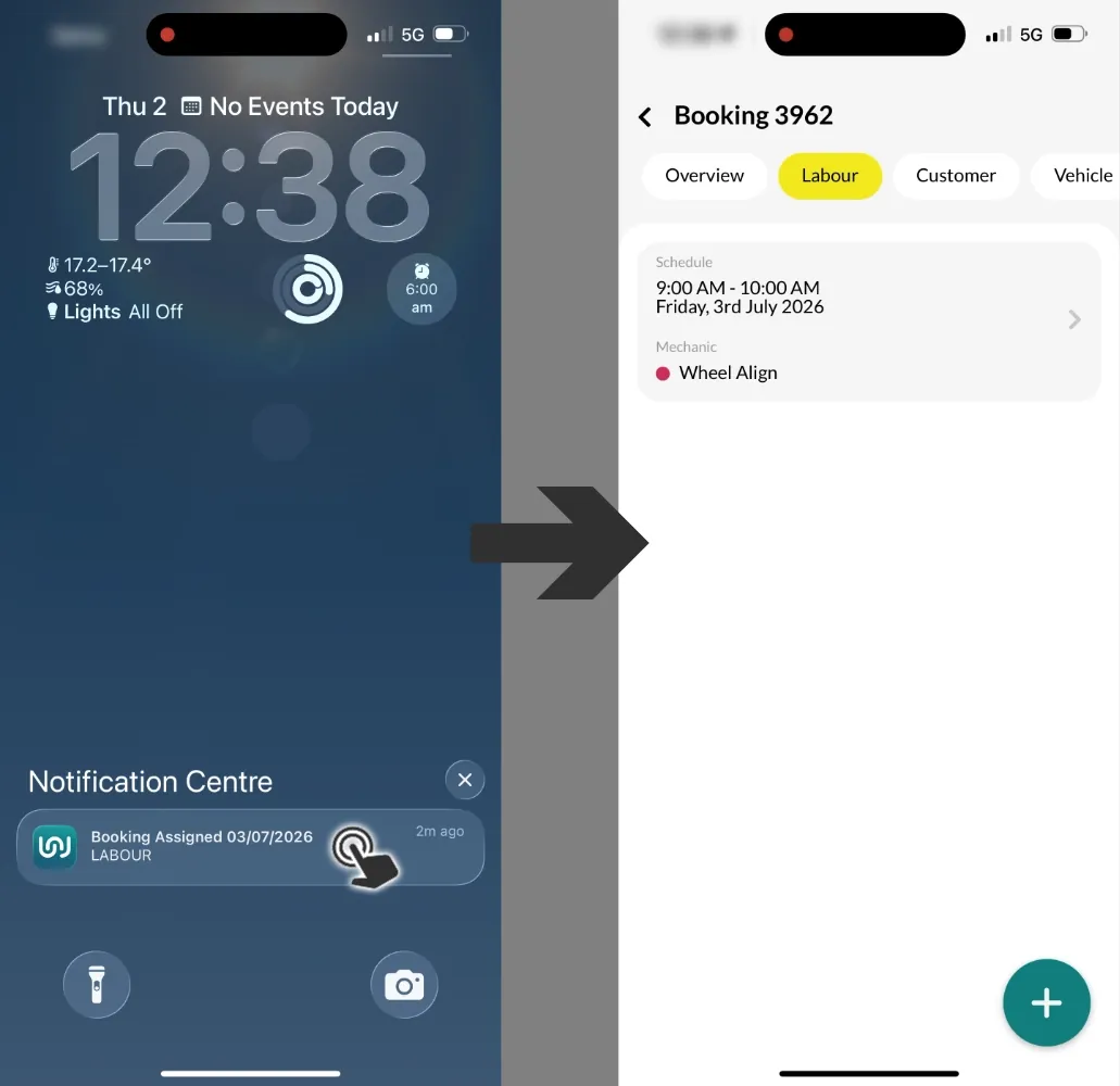 Two iPhone screenshots showing a tap to a Booking Assigned notification opening the related booking in Workshop Software’s Mobile App.