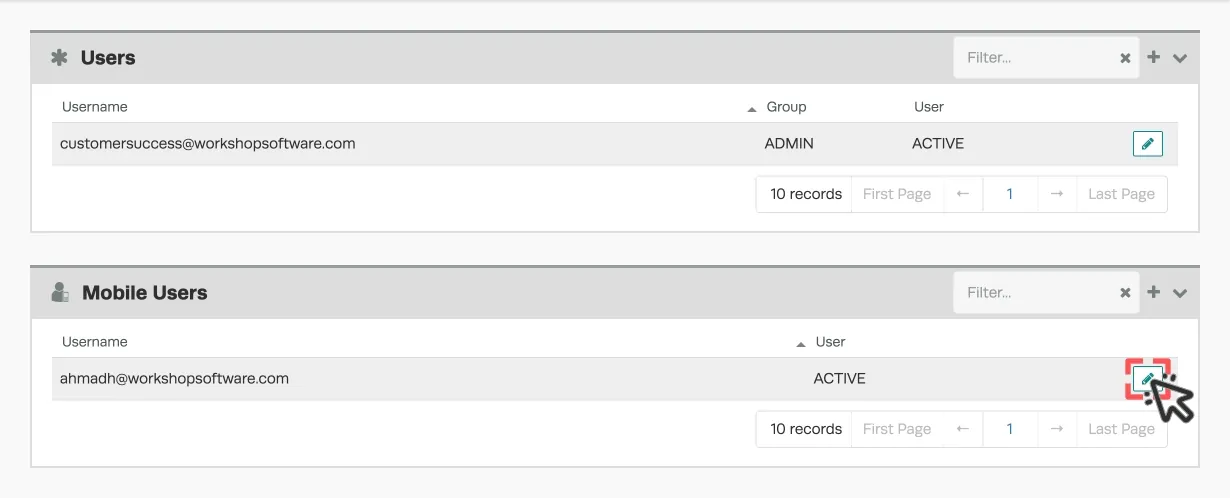 A screenshot of the Users page inside Workshop Software’s Admin settings. The pencil icon of a Mobile User is highlighted and a cursor indicates a click.