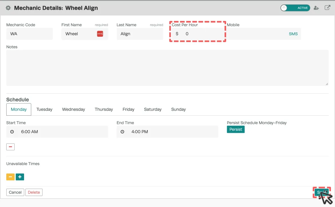 A screenshot of Workshop Software’s Mechanic Details page, a red box highlights the Cost Per Hour Field and the Save button in the lower right hand corner.