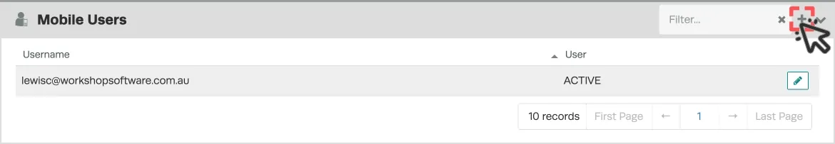 A screenshot of the Mobile Users list in the Users Page. The + icon is highlighted.